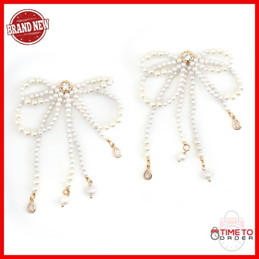 Silver Tone Brass Bow Earrings with Pearls and Crystals - 3.25" Drop